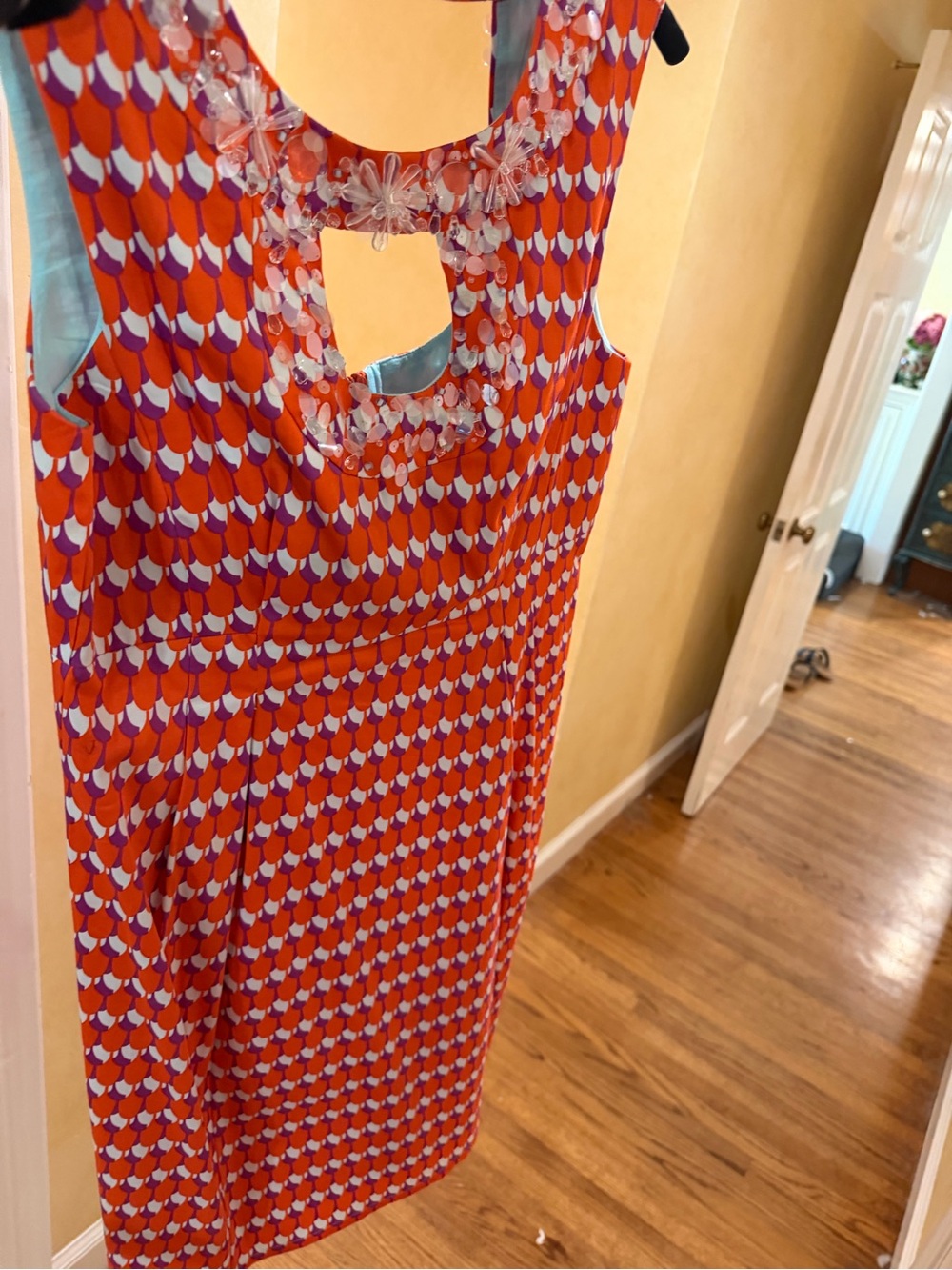 Nanette Lepore Red and Purple Patterned Midi Dress with Beaded Neckline